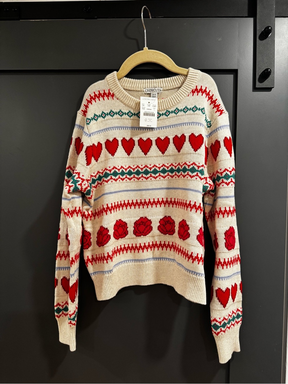 Crewcuts Cream Sweater with Red Heart & Rose Motifs